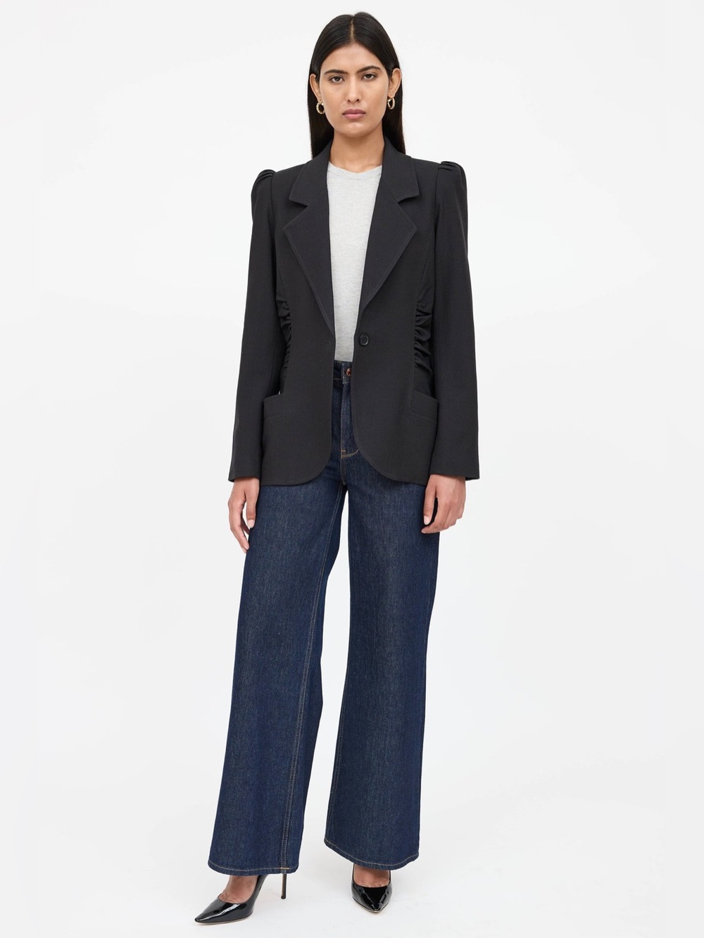 SMYTHE 🇨🇦 Ruched Wool Blazer | Size 12 | Midnight Black | Puffed Shoulders